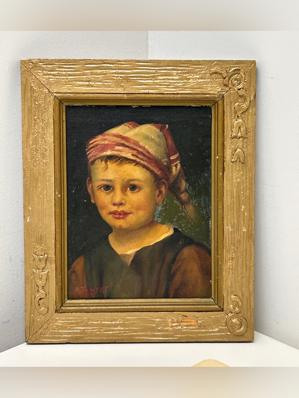 c. 1937 Vintage Paul Janert Artist Signed Framed Oil Painting of Young Boy